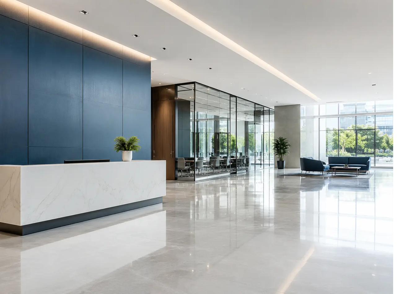 Bright modern commercial office lobby with polished floors and glass walls.